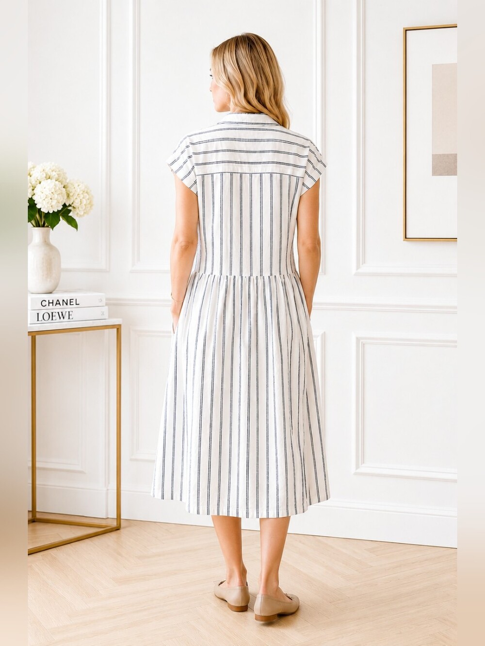 Universal Thread | Blue Pinstripe Linen Blend Drop Waist Midi Dress | Size Small - Picture 2 of 8